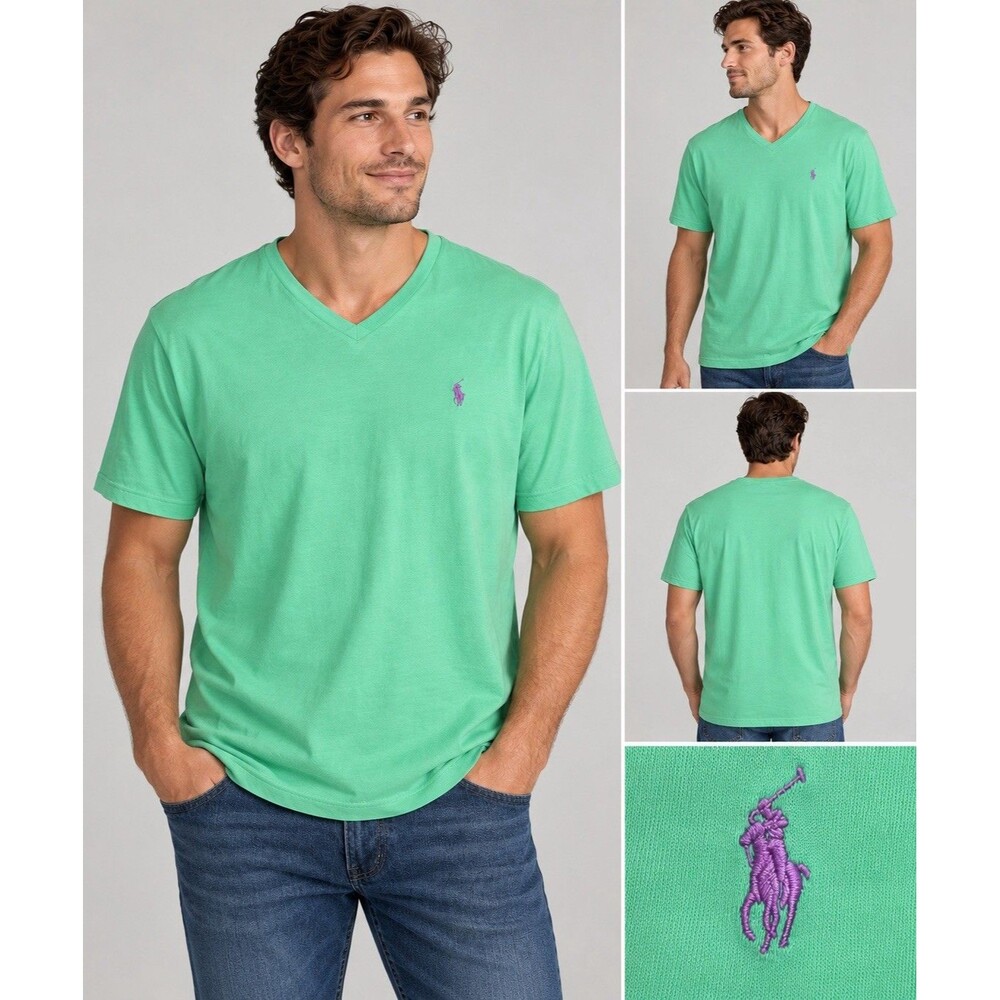 Polo Ralph Lauren Men’s XXL Mint Green V-Neck T-Shirt Purple Pony 100% Cotton